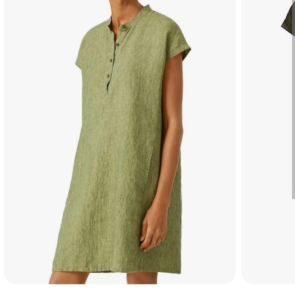 Eileen Fisher Medium Corin Green Mandarin Collar Organic Linen Shift Dress